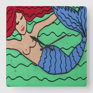 Swimming Mermaid Abstract Painting Square Wall Clo Clock