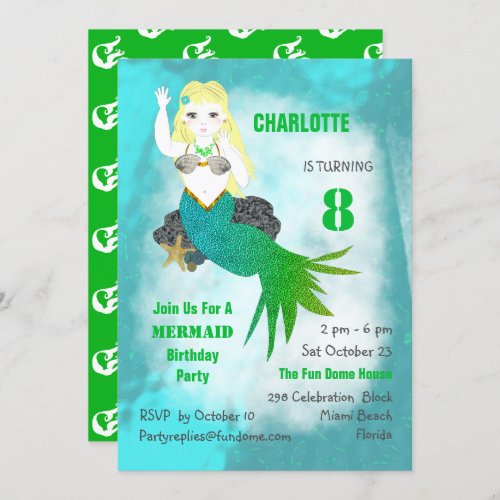 Swimming Mermaid Cute Girly Birthday Party Invite