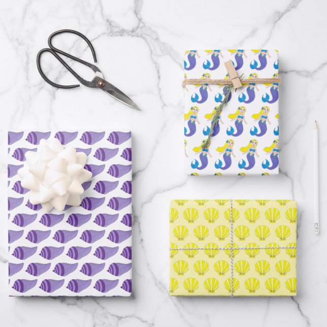 Swimming Mermaid Girl Beach Ocean Sea Shells Wrapping Paper Sheets (Front)