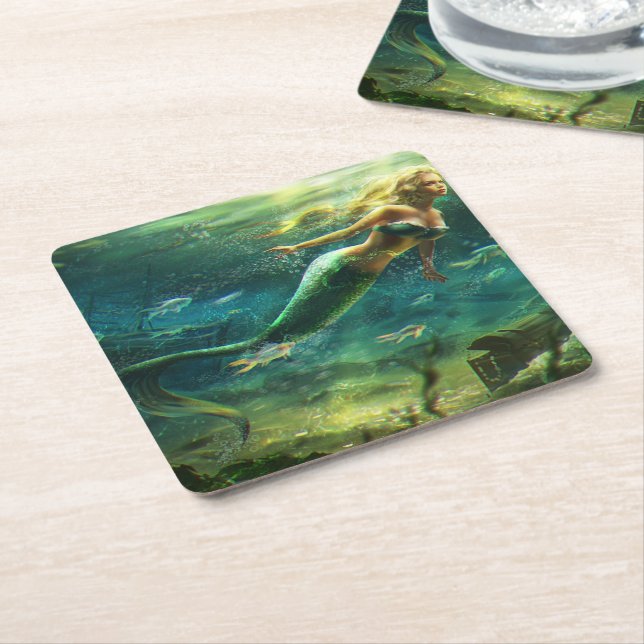 swimming mermaid square paper coaster (Angled)