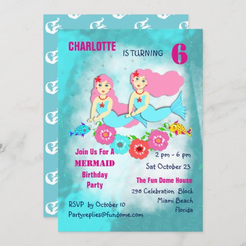 Swimming Mermaids Cute Girly Birthday Party Invite
