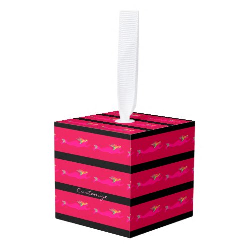 swimming pink mermaids black cube ornament