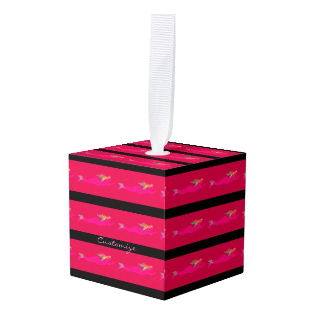 swimming pink mermaids black cube ornament (Front Angled)
