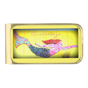 swimming pink mosaic mermaid Thunder_Cove Gold Finish Money Clip