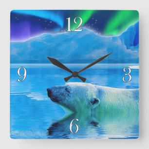 Swimming Polar Bear & Aurora Art Clock