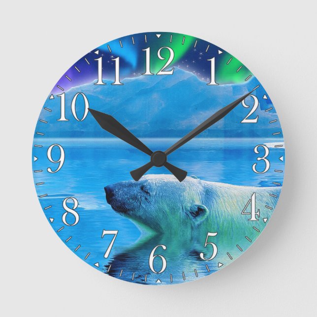 Swimming Polar Bear & Aurora Art Clock (Front)