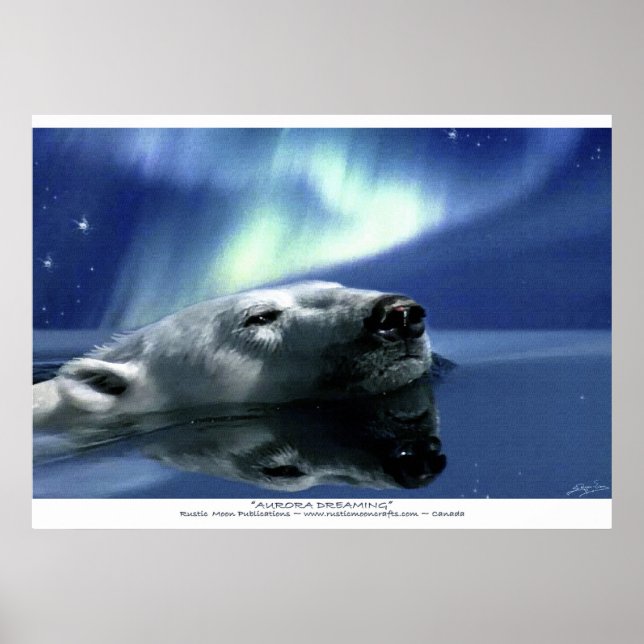 Swimming Polar Bear & Aurora Poster Print (Front)