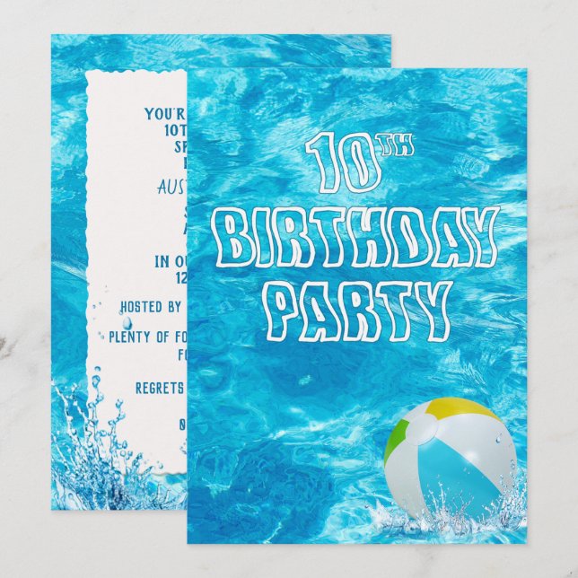 Swimming Pool 10th Birthday Party Invitation (Front/Back)
