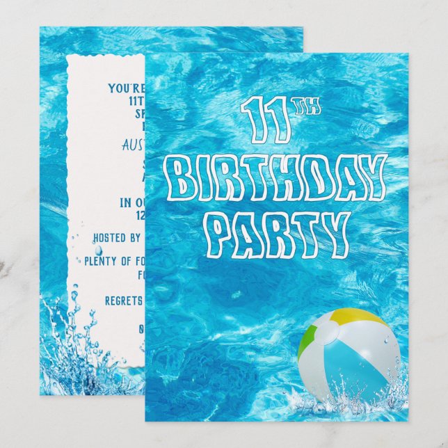 Swimming Pool 11th Birthday Party Invitation (Front/Back)