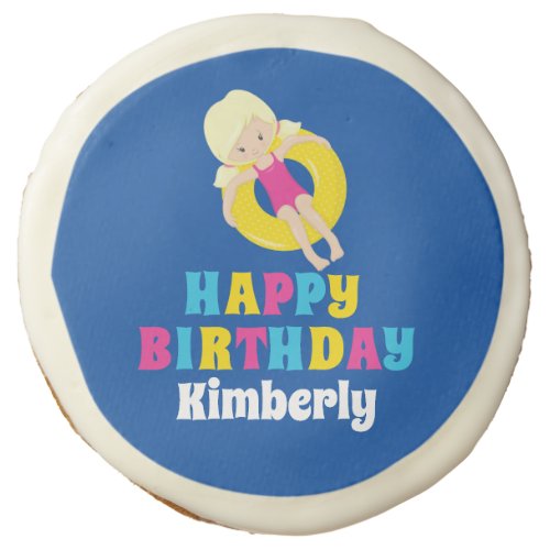 Swimming Pool Blonde Girl Cute Custom Birthday Sugar Cookie