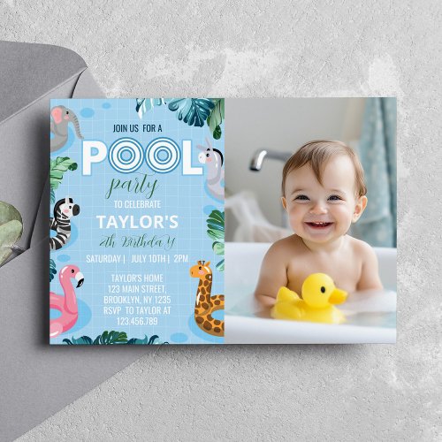 Swimming Pool Boy 1st Birthday Photo Invitation