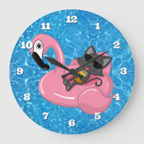 Swimming Pool Cute Cat Flamingo Blue Water Large Clock