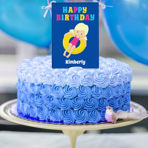 Swimming Pool Girl Cute Custom Birthday Party Cake Topper