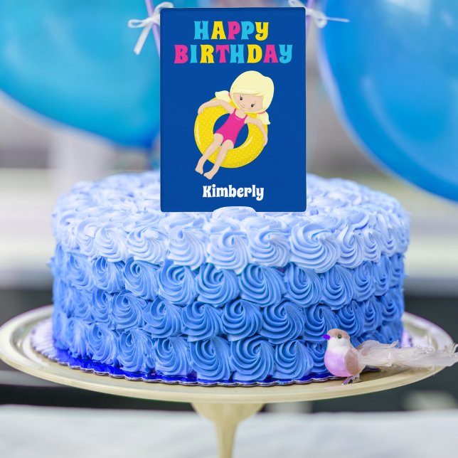 Swimming Pool Girl Cute Custom Birthday Party Cake Topper (Creator Uploaded)