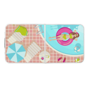Swimming pool girl in bikini summer beach  beer pong table