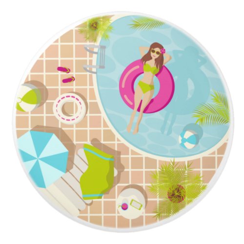 Swimming pool girl in bikini summer beach ceramic knob