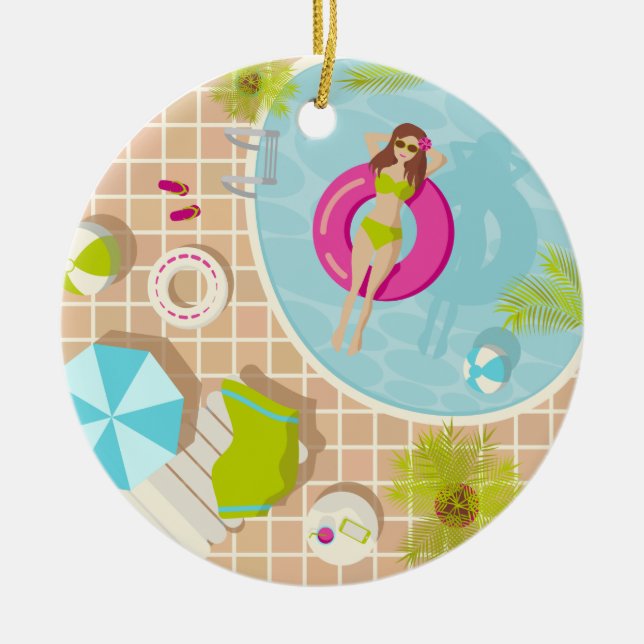 Swimming pool girl in bikini summer beach ceramic ornament (Front)