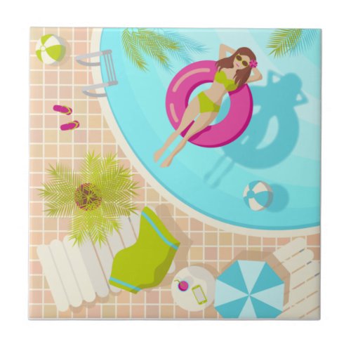 Swimming pool girl in bikini summer beach ceramic tile