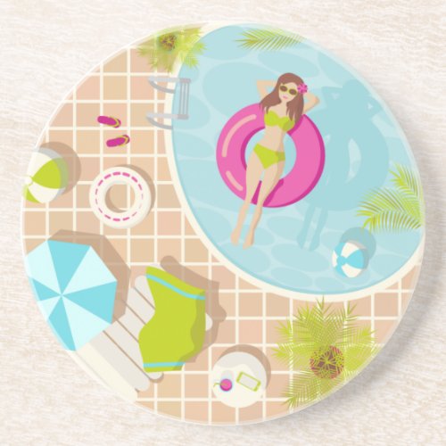 Swimming pool girl in bikini summer beach coaster