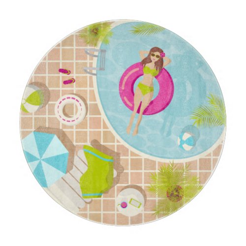 Swimming pool girl in bikini summer beach cutting board