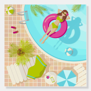 Swimming pool girl in bikini summer beach foam board