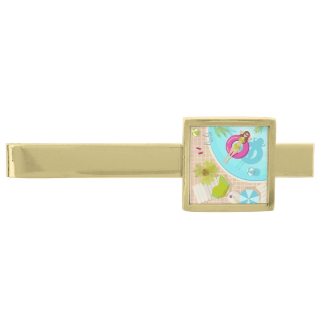 Swimming pool girl in bikini summer beach gold finish tie bar (Front)