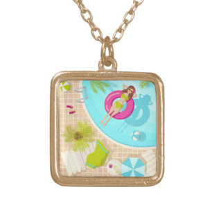 Swimming pool girl in bikini summer beach gold plated necklace