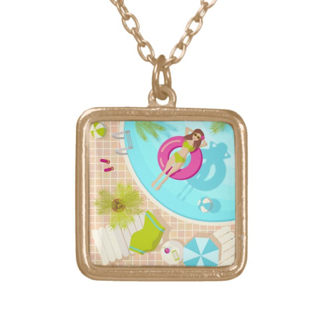 Swimming pool girl in bikini summer beach  gold plated necklace (Front)