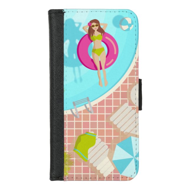 Swimming pool girl in bikini summer beach  iPhone wallet case (Front)