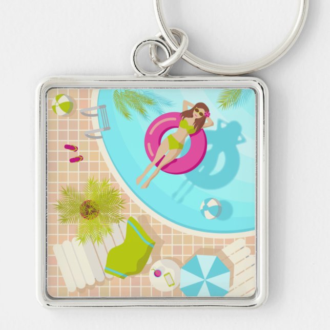Swimming pool girl in bikini summer beach keychain (Front)