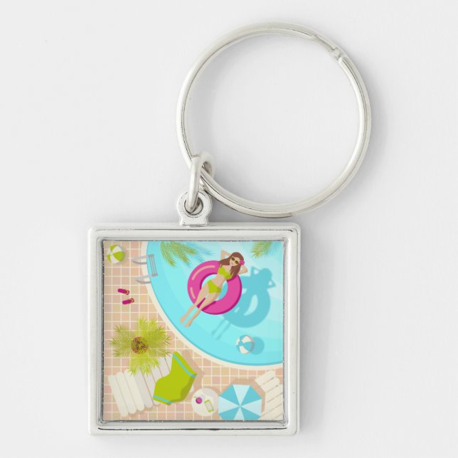 Swimming pool girl in bikini summer beach  keychain (Front)