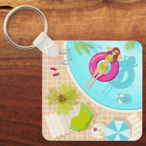 Swimming pool girl in bikini summer beach  keychain