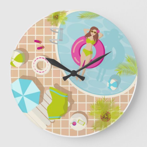 Swimming pool girl in bikini summer beach  large clock