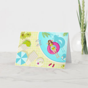 Swimming pool girl in bikini summer beach letterpress thank you card
