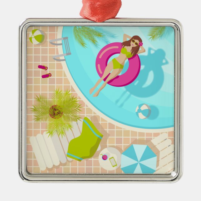 Swimming pool girl in bikini summer beach  metal ornament (Front)