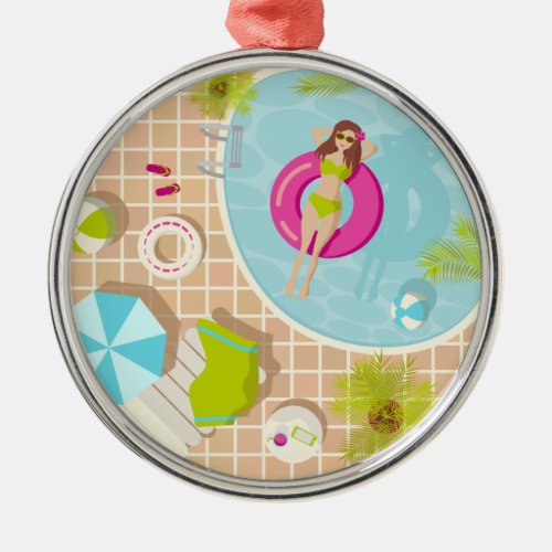 Swimming pool girl in bikini summer beach  metal ornament