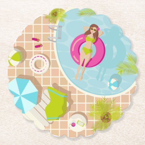 Swimming pool girl in bikini summer beach paper coaster