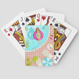 Swimming pool girl in bikini summer beach poker cards