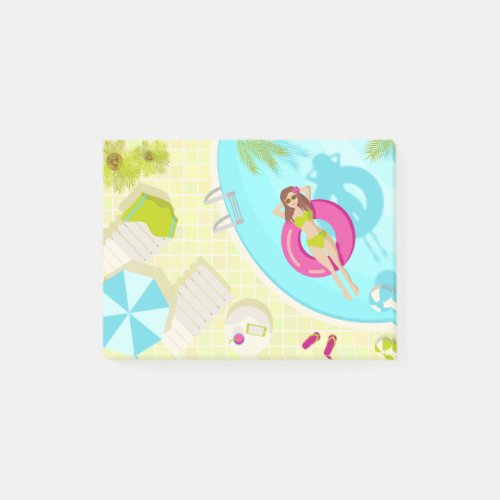 Swimming pool girl in bikini summer beach post_it notes