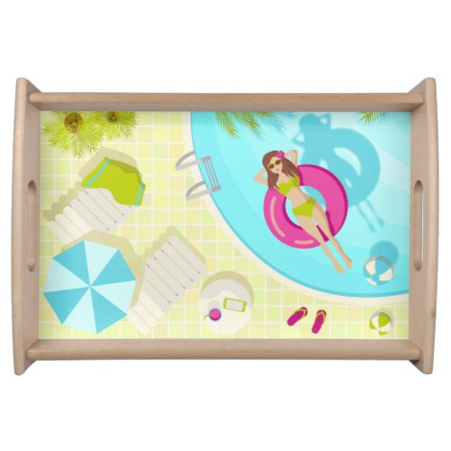 Swimming pool girl in bikini summer beach serving tray