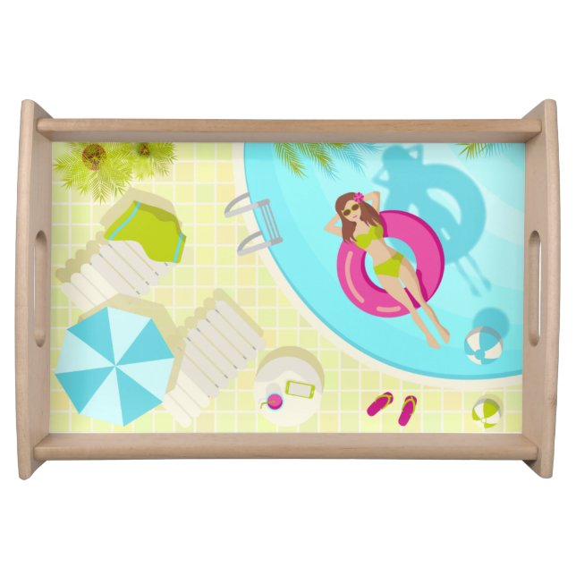 Swimming pool girl in bikini summer beach serving tray (Front)