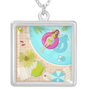 Swimming pool girl in bikini summer beach silver plated necklace