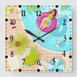 Swimming pool girl in bikini summer beach square wall clock