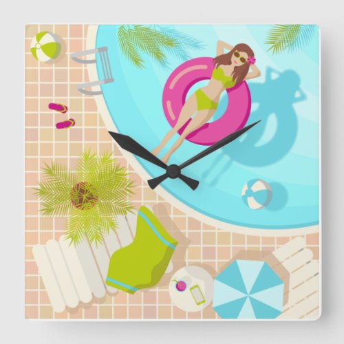 Swimming pool girl in bikini summer beach  square wall clock