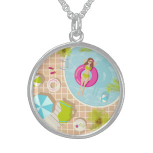 Swimming pool girl in bikini summer beach sterling silver necklace