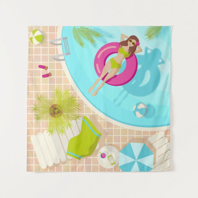 Swimming pool girl in bikini summer beach tapestry (Front)