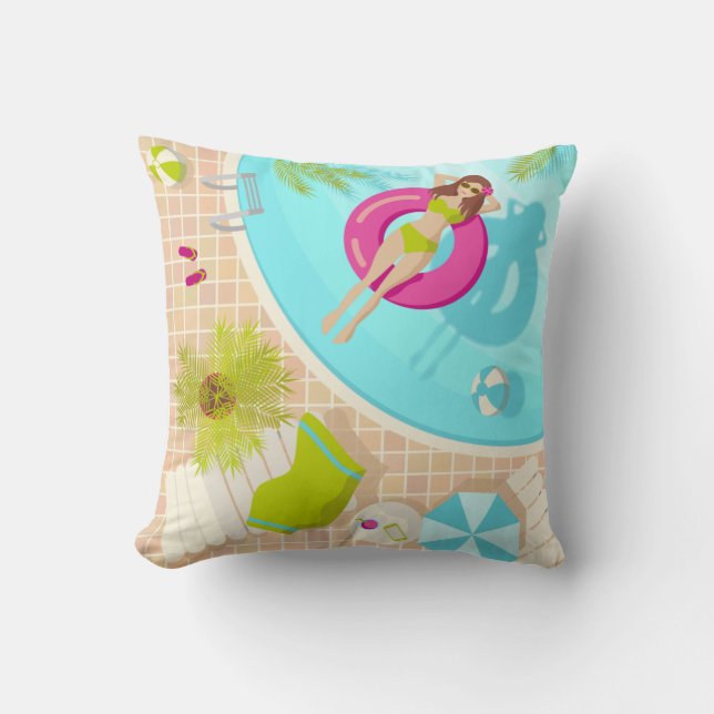 Swimming pool girl in bikini summer beach throw pillow (Front)