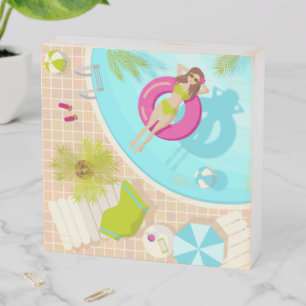 Swimming pool girl in bikini summer beach wooden box sign