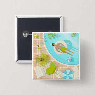 Swimming pool guy on tropical summer beach vacay button