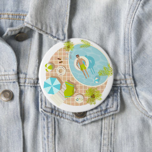 Swimming pool guy on tropical summer beach vacay button